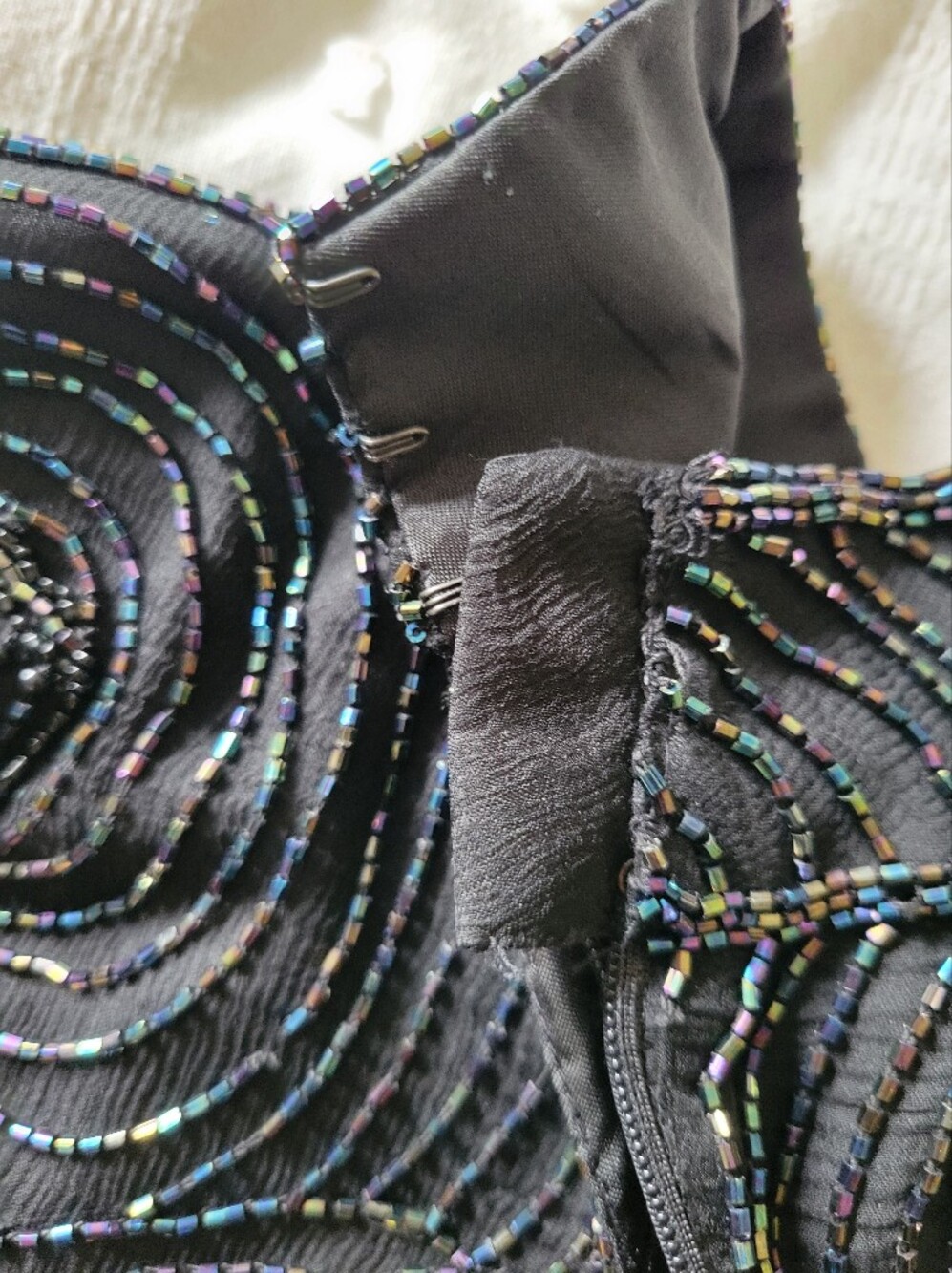 Vintage 90s Glam Goth Beaded Silk Mock Neck Top Black Short Sleeve Blouse Medium - Picture 8 of 9
